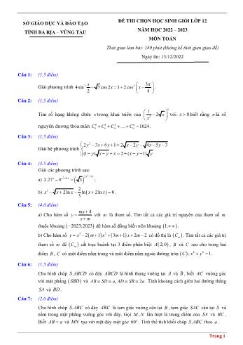 Đề thi chọn học sinh giỏi môn Toán Lớp 12 - Năm học 2022-2023 - Sở GD và ĐT Bà Rịa - Vũng Tàu (Có đáp án)