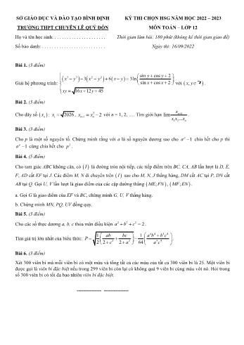 Đề thi chọn học sinh giỏi môn Toán Lớp 12 - Năm học 2022-2023 - Trường THPT chuyên Lê Quý Đôn