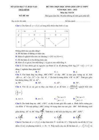 Đề thi chọn học sinh giỏi quốc gia môn Toán Lớp 12 - Mã đề 101 - Năm học 2021-2022 - Sở GD và ĐT Thái Bình (Có đáp án)