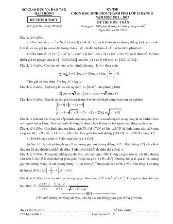 Đề thi chọn học sinh giỏi Thành phố môn Toán Lớp 12 - Bảng B - Năm học 2021-2022 - Sở GD và ĐT Hải Phòng