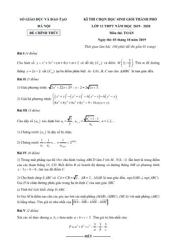 Đề thi chọn học sinh giỏi Thành phố môn Toán Lớp 12 - Năm học 2019-2020 - Sở GD và ĐT Hà Nội (Có đáp án)