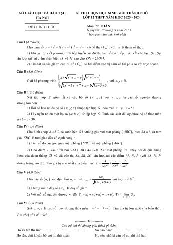Đề thi chọn học sinh giỏi Thành phố môn Toán Lớp 12 - Năm học 2023-2024 - Sở GD và ĐT Hà Nội (Có đáp án)