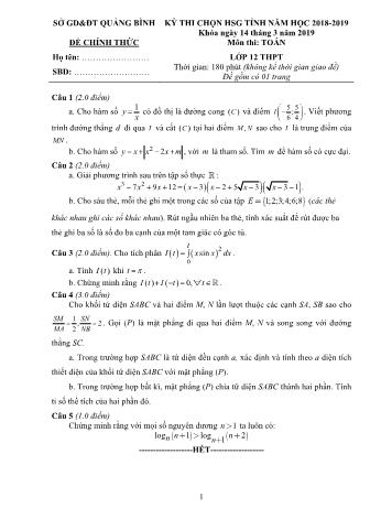 Đề thi chọn học sinh giỏi tỉnh môn Toán Lớp 12 - Năm học 2018-2019 - Sở GD và ĐT Quảng Bình (Có đáp án)