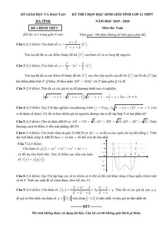 Đề thi chọn học sinh giỏi tỉnh môn Toán Lớp 12 - Năm học 2019-2020 - Sở GD và ĐT Hà Tĩnh (Có đáp án)