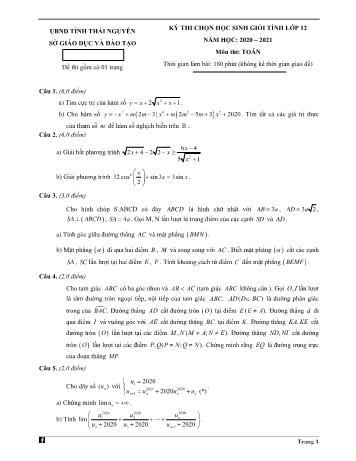 Đề thi chọn học sinh giỏi tỉnh môn Toán Lớp 12 - Năm học 2020-2021 - Sở GD và ĐT Thái Nguyên (Có đáp án)