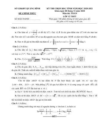 Đề thi chọn học sinh giỏi tỉnh môn Toán Lớp 12 - Năm học 2020-2021 - Sở GD và ĐT Quảng Bình (Có đáp án)