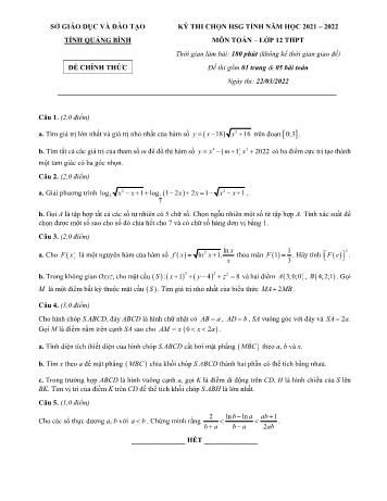 Đề thi chọn học sinh giỏi tỉnh môn Toán Lớp 12 - Năm học 2021-2022 - Sở GD và ĐT Quảng Bình (Có đáp án)