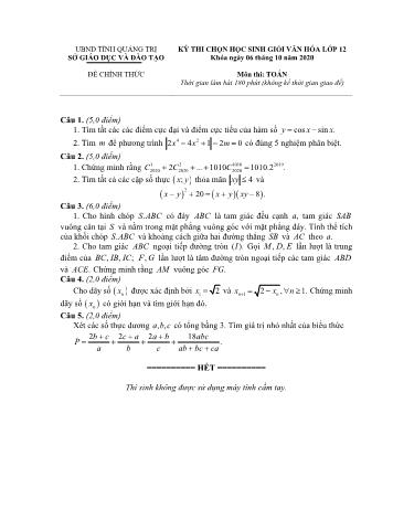 Đề thi chọn học sinh giỏi văn hóa môn Toán Lớp 12 năm 2020 - Sở GD và ĐT Quảng Trị (Có đáp án)