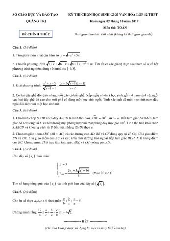 Đề thi chọn học sinh giỏi văn hóa môn Toán Lớp 12 - Năm học 2019-2020 - Sở GD và ĐT Quảng Trị (Có đáp án)
