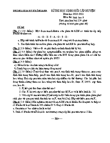 Đề thi học sinh giỏi cấp huyện môn Sinh học Lớp 9 - Năm học 2010-2011 - Phòng GD và ĐT Krông Ana (Có đáp án)