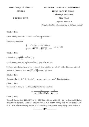 Đề thi học sinh giỏi cấp tỉnh môn Toán Lớp 12 - Năm học 2019-2020 - Sở GD và ĐT Bến Tre