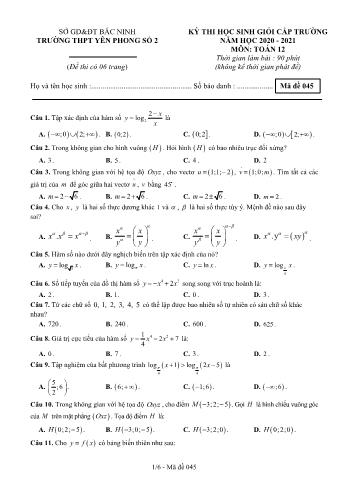 Đề thi học sinh giỏi cấp trường môn Toán Lớp 12 - Mã đề 045 - Năm học 2020-2021 - Trường THPT Yên Phong số 2 (Có đáp án)