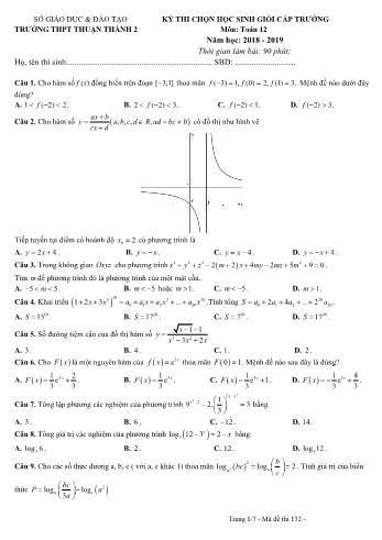 Đề thi học sinh giỏi cấp trường môn Toán Lớp 12 - Mã đề 132 - Năm học 2018-2019 - Trường THPT Thuận Thành 2 (Có đáp án)