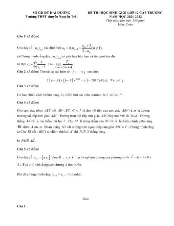 Đề thi học sinh giỏi cấp trường môn Toán Lớp 12 - Năm học 2021-2022 - Trường THPT chuyên Nguyễn Trãi (Có đáp án)