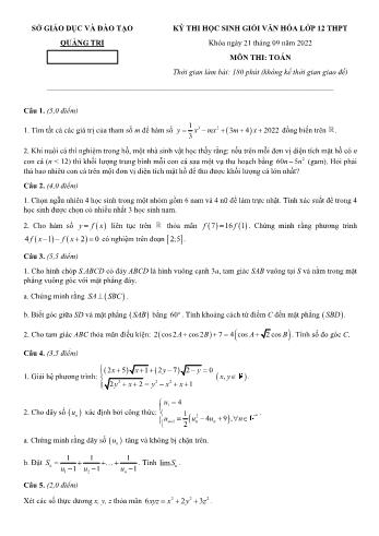 Đề thi học sinh giỏi văn hóa môn Toán Lớp 12 - Năm học 2022-2023 - Sở GD và ĐT Quảng Trị