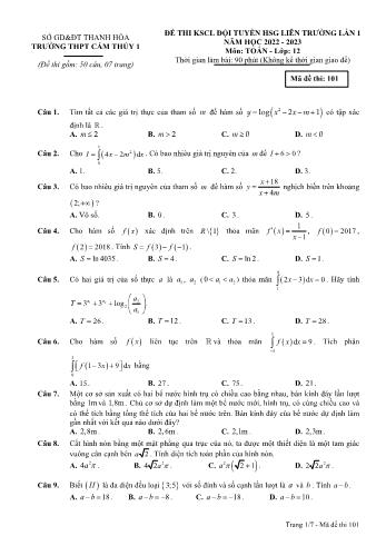 Đề thi khảo sát chất lượng đội tuyển học sinh giỏi lần 1 môn Toán Lớp 12 - Mã đề 101 - Năm học 2022-2023 - Trường THPT Cẩm Thủy 1 (Có đáp án)