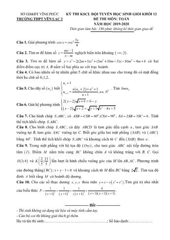 Đề thi khảo sát chất lượng đội tuyển học sinh giỏi môn Toán Lớp 12 - Năm học 2019-2020 - Trường THPT Yên Lạc 2