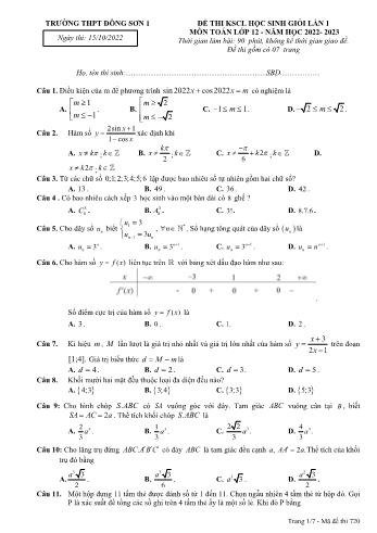 Đề thi khảo sát chất lượng học sinh giỏi lần 1 môn Toán Lớp 12 - Năm học 2022-2023 - Trường THPT Đông Sơn 1 (Có đáp án)