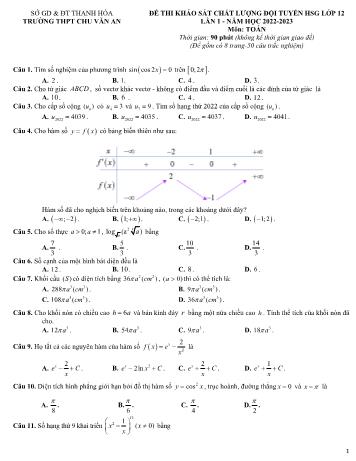 Đề thi khảo sát chất lượng học sinh giỏi lần 1 môn Toán Lớp 12 - Năm học 2022-2023 - Trường THPT Chu Văn An (Có đáp án)