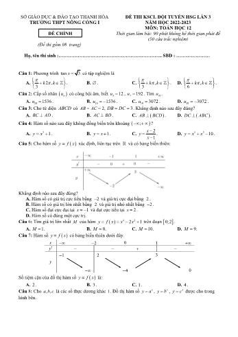 Đề thi khảo sát chất lượng học sinh giỏi lần 3 môn Toán Lớp 12 - Năm học 2022-2023 - Trường THPT Nông Cống 1 (Có đáp án)
