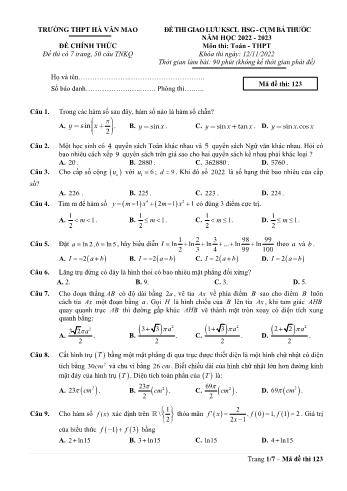 Đề thi khảo sát chất lượng học sinh giỏi môn Toán Lớp 12 - Mã đề 123 - Năm học 2022-2023 - Trường THPT Hà Văn Mao (Có đáp án)