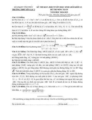 Đề thi khảo sát chất lượng học sinh giỏi môn Toán Lớp 12 - Năm học 2018-2019 - Trường THPT Yên Lạc 2 (Có đáp án)