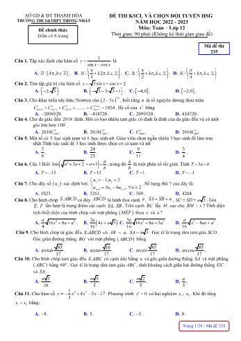 Đề thi khảo sát chất lượng và chọn đội tuyển học sinh giỏi môn Toán Lớp 12 - Mã đề 235 - Năm học 2022-2023 - Trường THCS và THPT Thống Nhất (Có đáp án)