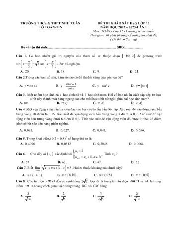 Đề thi khảo sát học sinh giỏi lần 1 môn Toán Lớp 12 - Năm học 2022-2023 - Trường THCS và THPT Như Xuân (Có đáp án)