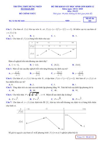 Đề thi khảo sát học sinh giỏi môn Toán Lớp 12 - Mã đề 101 - Năm học 2020-2021 - Trường THPT Hưng Nhân (Có đáp án)