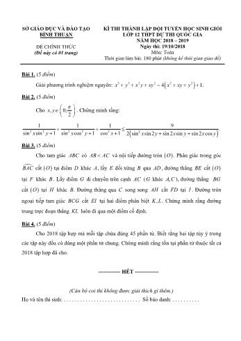 Đề thi thành lập đội tuyển học sinh giỏi dự thi quốc gia môn Toán Lớp 12 - Năm học 2018-2019 - Sở GD và ĐT Bình Thuận (Có đáp án)