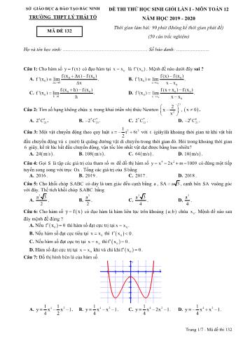 Đề thi thử học sinh giỏi lần 1 môn Toán Lớp 12 - Mã đề 132 - Năm học 2019-2020 - Trường THPT Lý Thái Tổ (Có đáp án)