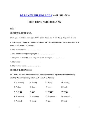10 Đề luyện thi học sinh giỏi môn Tiếng Anh Lớp 6 - Năm học 2019-2020 (Có đáp án)