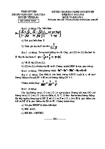 43 Đề thi chọn học sinh giỏi môn Toán Lớp 9 - Năm học 2013-2014 - Phòng GD và ĐT Vĩnh Bảo (Có đáp án)
