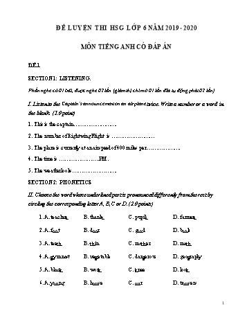 Bộ 10 đề luyện thi học sinh giỏi môn Tiếng Anh Lớp 6 - Năm học 2019-2020 (Có đáp án)