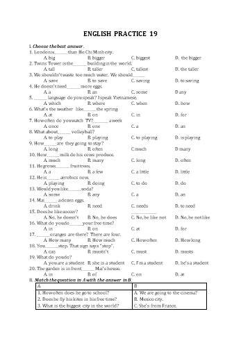 Đề bồi dưỡng học sinh giỏi môn Tiếng Anh Lớp 6 - Đề 19