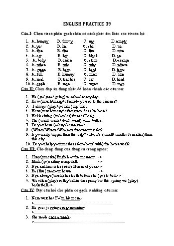 Đề bồi dưỡng học sinh giỏi môn Tiếng Anh Lớp 6 - Đề 39