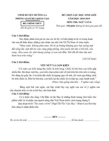 Đề chọn lọc học sinh giỏi môn Ngữ văn Lớp 8 - Năm học 2018-2019 - Phòng GD và ĐT Mường La