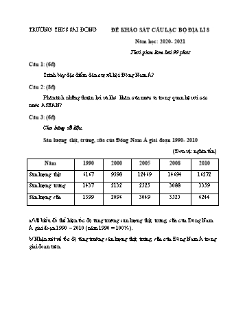 Đề khảo sát câu lạc bộ môn Địa lí Lớp 8 - Năm học 2020-2021 - Trường THCS Sài Đồng