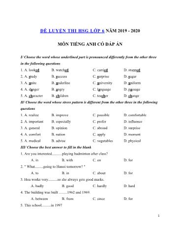 Đề luyện thi chọn học sinh giỏi môn Tiếng Anh Khối 6 - Năm học 2019-2020 (Có đáp án)