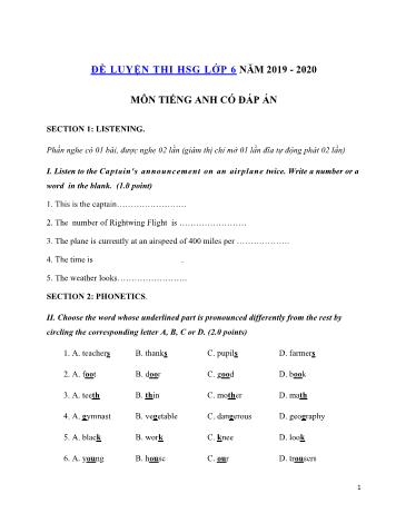 Đề luyện thi học sinh giỏi môn Tiếng Anh Khối 6 - Năm học 2019-2020 (Có đáp án)