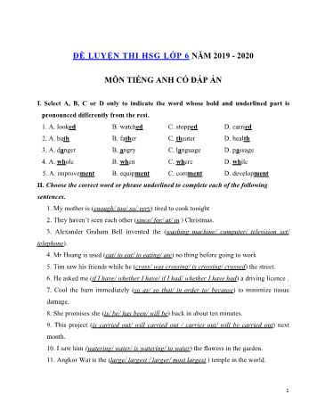 Đề luyện thi học sinh giỏi môn Tiếng Anh Lớp 6 - Đề số 1 - Năm học 2019-2020 (Có đáp án)