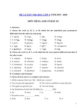 Đề luyện thi học sinh giỏi môn Tiếng Anh Lớp 6 - Đề số 2 - Năm học 2019-2020 (Có đáp án)