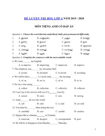 Đề luyện thi học sinh giỏi môn Tiếng Anh Lớp 6 - Đề số 6 - Năm học 2019-2020 (Có đáp án)