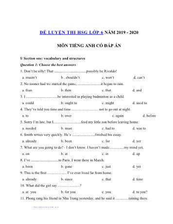 Đề luyện thi học sinh giỏi môn Tiếng Anh Lớp 6 - Đề số 8 - Năm học 2019-2020 (Có đáp án)