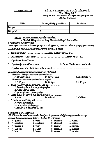 Đề thi chọn học sinh giỏi cấp huyện môn Tiếng Anh Lớp 6 - Kèm file nghe (Có đáp án)