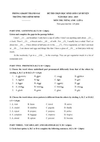 Đề thi chọn học sinh giỏi cấp huyện môn Tiếng Anh Lớp 6 - Năm học 2014-2015 - Trường THCS Bình Minh (Có đáp án)