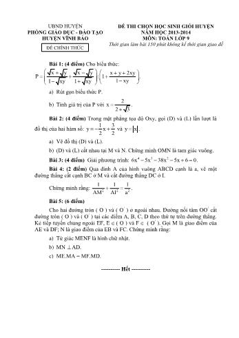Đề thi chọn học sinh giỏi huyện môn Toán Lớp 9 - Năm học 2013-2014 - Phòng GD và ĐT Vĩnh Bảo (Có đáp án)