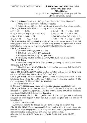 Đề thi chọn học sinh giỏi môn Hóa học Lớp 8 - Năm học 2017-2018 - Trường THCS Trường Trung (Có đáp án)