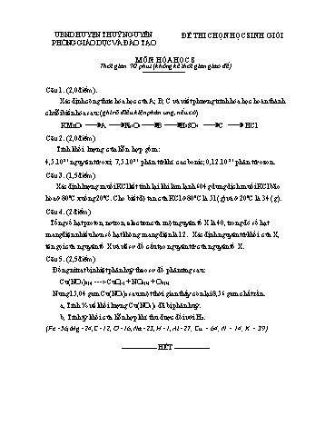 Đề thi chọn học sinh giỏi môn Hóa học Lớp 8 - Phòng GD và ĐT Thủy Nguyên (Có đáp án)