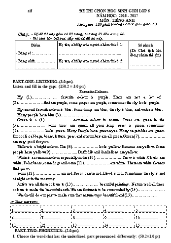 Đề thi chọn học sinh giỏi môn Tiếng Anh Lớp 6 - Năm học 2016-2017 (Có đáp án)